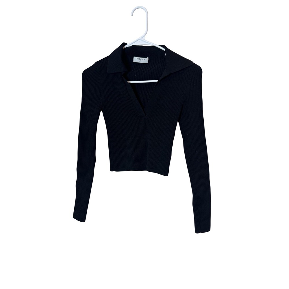 Babaton Sweater Womens XS Black Ribbed Knit Collared Long Sleeve‎ Cropped Top